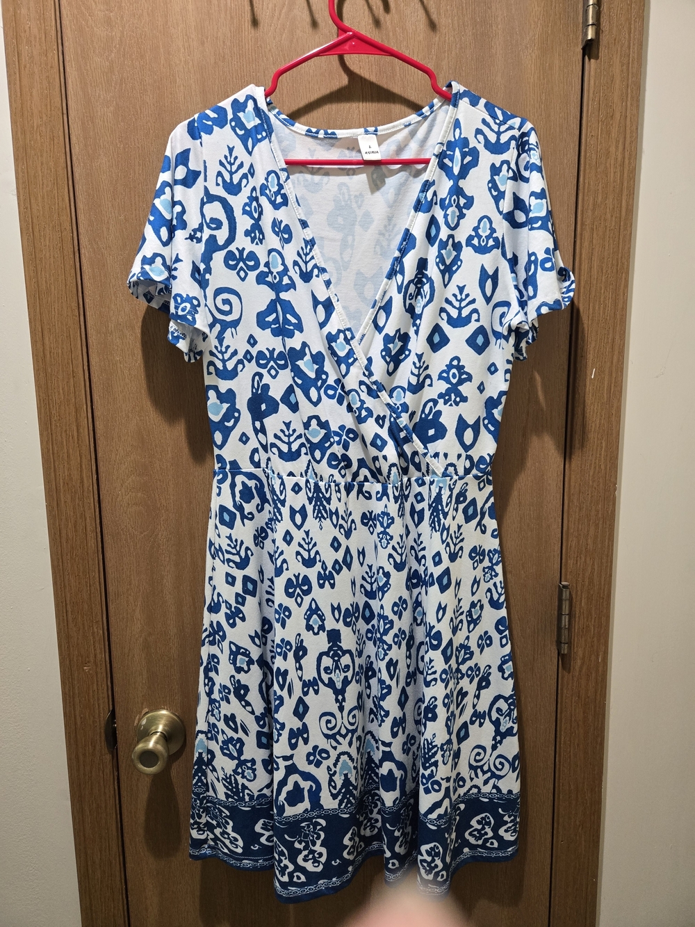 Blue and White Printed V-Neck Wrap Dress
